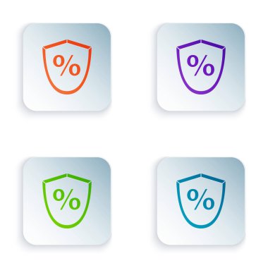 Renk Kredisi% simgesi beyaz arkaplanda izole edildi. Koruma kalkanı işareti. Kredi yüzdesi sembolü. Kare düğmelere simgeleri yerleştir. Vektör İllüstrasyonu