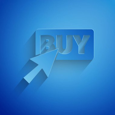 Kağıt kesme düğmesi simgesi mavi arkaplanda izole edildi. Kağıt sanatı tarzı. Vektör İllüstrasyonu