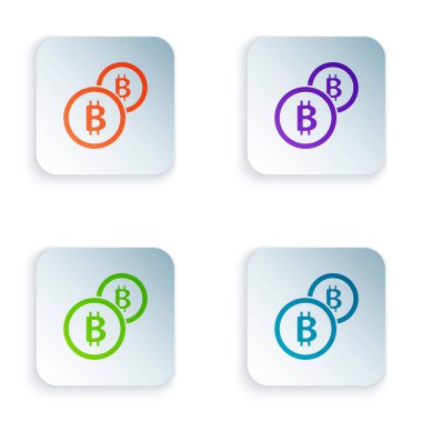 Beyaz arkaplanda izole edilmiş renkli Şifreleme madeni para simgesi Bitcoin simgesi. Madeni para. Engelleme zinciri tabanlı şifreli para birimi. Kare düğmelere simgeleri yerleştir. Vektör İllüstrasyonu