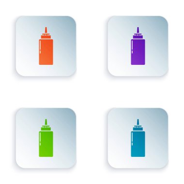 Beyaz arka planda izole edilmiş renkli sos şişesi ikonu. Ketçap, hardal ve fast food için soslu mayonez şişeleri. Kare düğmelere simgeleri yerleştir. Vektör İllüstrasyonu