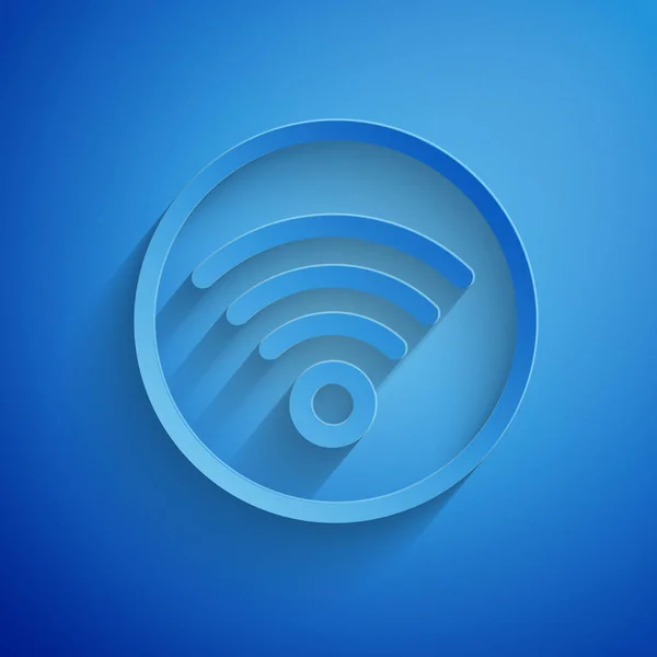 Papiergeschnittenes Symbol für das drahtlose Internet-Netzwerk Wi-Fi, isoliert auf blauem Hintergrund. Papierkunst. Vektorillustration — Stockvektor