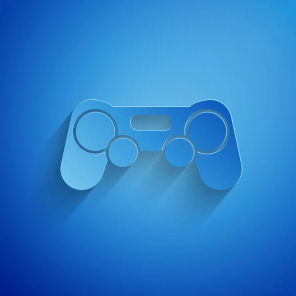 Papier gesneden Gamepad pictogram geïsoleerd op blauwe achtergrond. Spelregelaar. Papierkunst stijl. Vector Illustratie — Stockvector