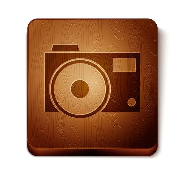 Icône appareil photo brun isolé sur fond blanc. Icône de caméra photo. Bouton carré en bois. Illustration vectorielle — Image vectorielle