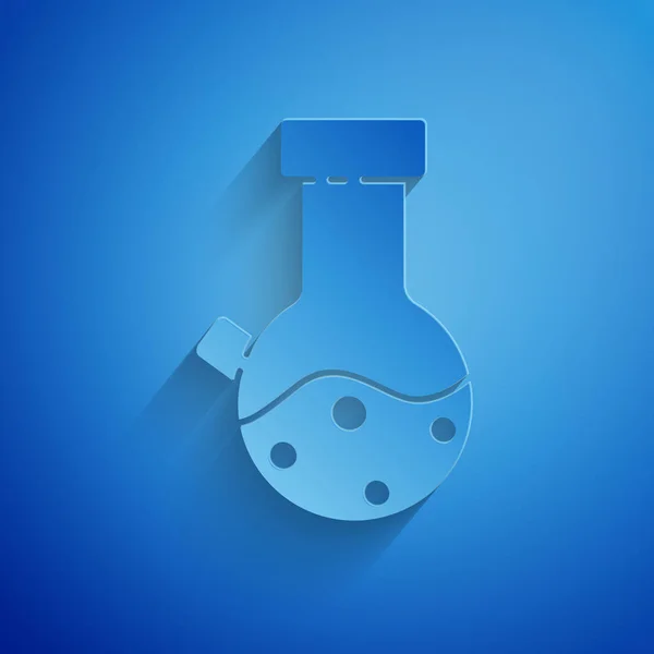 Corte de papel Tubo de ensaio e frasco ícone de ensaio químico laboratorial isolado sobre fundo azul. Sinal de vidro de laboratório. Estilo de arte de papel. Ilustração vetorial —  Vetores de Stock