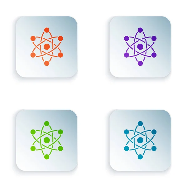Color Atom icon isolated on white background. Symbol of science, education, nuclear physics, scientific research. Set icons in square buttons. Vector Illustration — Stock Vector