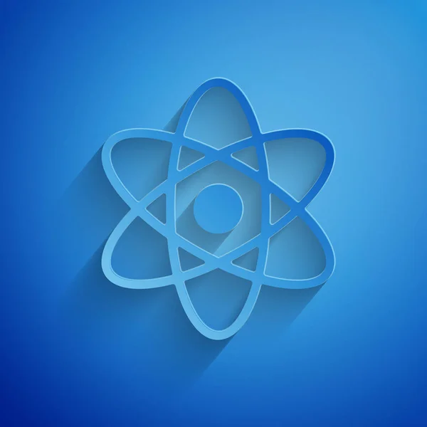 Papierschnitt-Atom-Symbol isoliert auf blauem Hintergrund. Symbol für Wissenschaft, Bildung, Kernphysik, wissenschaftliche Forschung. Papierkunst. Vektorillustration — Stockvektor