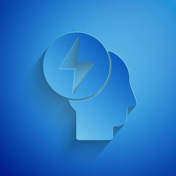 Papiergeschnittener Kopf und elektrisches Symbol isoliert auf blauem Hintergrund. Papierkunst. Vektorillustration — Stockvektor