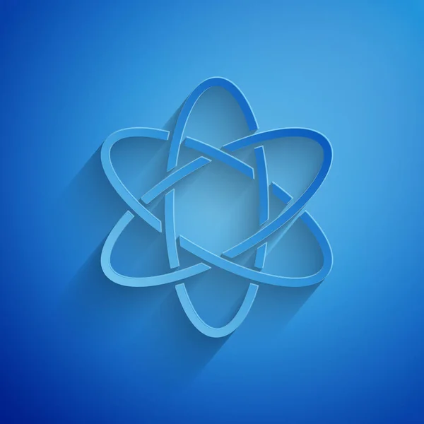 Paper cut Atom icon isolated on blue background. Symbol of science, education, nuclear physics, scientific research. Paper art style. Vector Illustration
