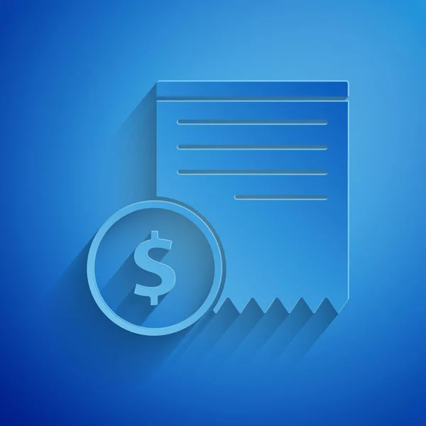 Χαρτί κομμένα χαρτί ελέγχου και το εικονίδιο δημοσιονομικού ελέγχου απομονωθεί σε μπλε φόντο. Έλεγχος εκτύπωσης χαρτιού, αποδεικτικό καταστήματος ή λογαριασμός. Καλλιτεχνικό στυλ. Απεικόνιση διανυσματικών φορέων — Διανυσματικό Αρχείο