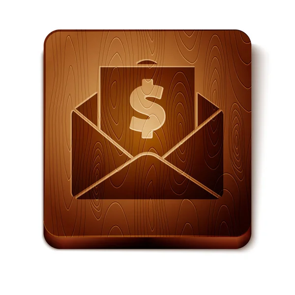 Enveloppe marron avec icône symbole dollar pièce isolée sur fond blanc. Augmentation de salaire, masse salariale, revenus d'indemnisation. Bouton carré en bois. Illustration vectorielle — Image vectorielle