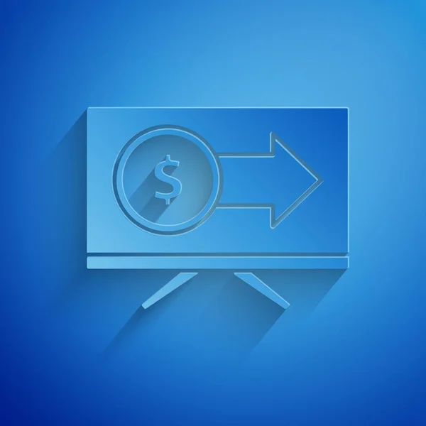 Corte de papel Monitor com ícone de símbolo de dólar isolado no fundo azul. Conceito de compras online. Ganhos na Internet, marketing. Estilo de arte de papel. Ilustração vetorial — Vetor de Stock