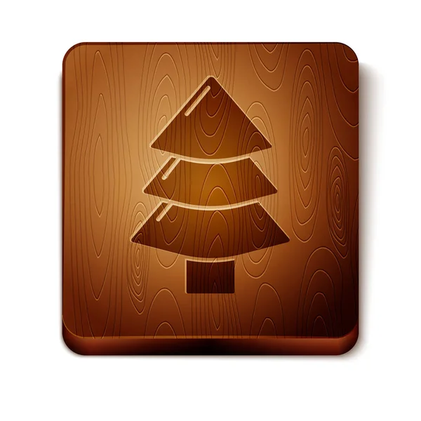 白い背景に隔離された茶色のクリスマスツリーのアイコン。メリークリスマスとハッピーニューイヤー。木製の正方形のボタン。ベクターイラスト — ストックベクタ