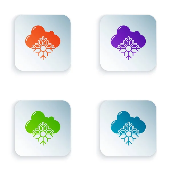 Χρώμα Cloud με εικονίδιο χιονιού απομονωμένο σε λευκό φόντο. Σύννεφο με νιφάδες χιονιού. Μονό καιρικό φαινόμενο. Χιονίζει. Ορισμός εικονιδίων σε τετράγωνα κουμπιά. Εικονογράφηση διανύσματος — Διανυσματικό Αρχείο