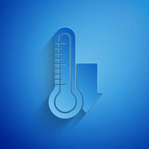 Papier gesneden Meteorologie thermometer meten pictogram geïsoleerd op blauwe achtergrond. Thermometer apparatuur toont warm of koud weer. Papierkunst stijl. Vector Illustratie — Stockvector