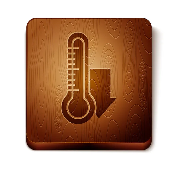 Brown Meteorology thermometer measuring icon isolated on white background. Thermometer equipment showing hot or cold weather. Wooden square button. Vector Illustration — Stock Vector