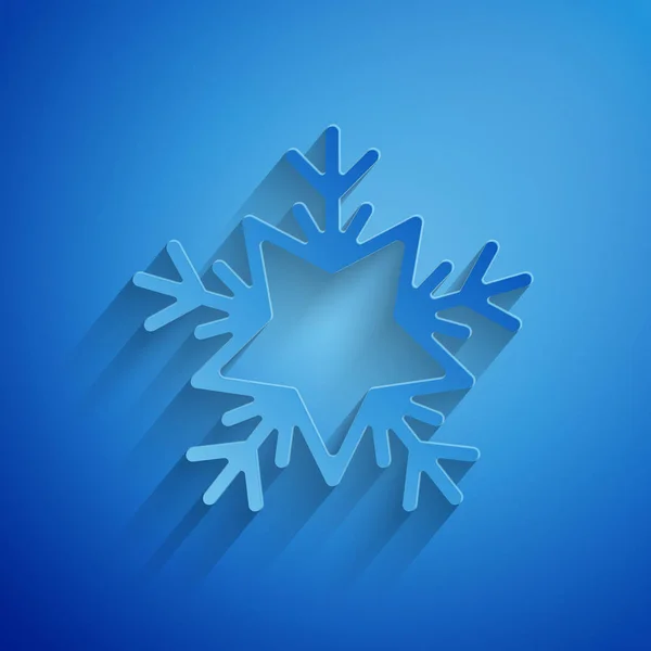 Papel cortado ícone floco de neve isolado no fundo azul. Feliz Natal e Feliz Ano Novo. Estilo de arte de papel. Ilustração vetorial — Vetor de Stock