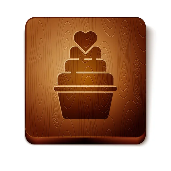 Brown Wedding cake with heart icon isolated on white background. Wooden square button. Vector Illustration — Stock Vector