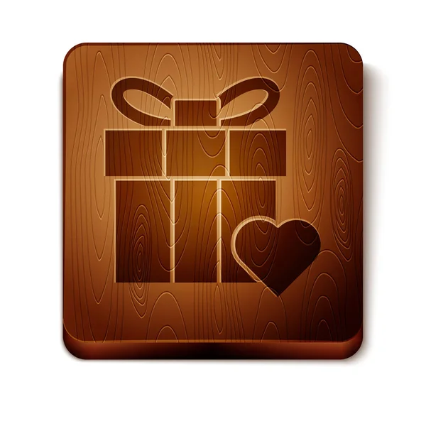 Caixa de presente marrom e ícone do coração isolado no fundo branco. Dia dos Namorados. Botão quadrado de madeira. Ilustração vetorial — Vetor de Stock