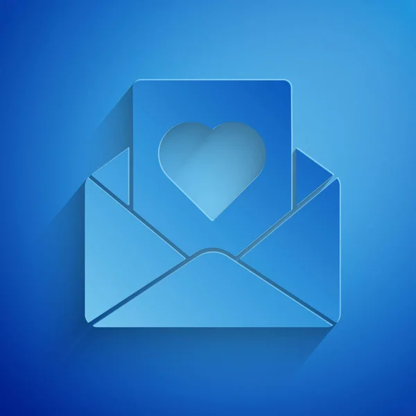 Papper skära kuvert med Valentine hjärta ikon isolerad på blå bakgrund. Budskap kärlek. Brev kärlek och romantik. Papperskonst stil. Vektor illustration — Stock vektor