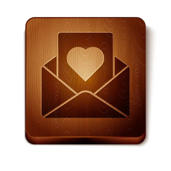 Envelope marrom com ícone de coração Valentine isolado no fundo branco. Mensagem de amor. Carta de amor e romance. Botão quadrado de madeira. Ilustração vetorial — Vetor de Stock