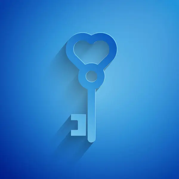 Paper cut Key in heart shape icon isolated on blue background. Valentines day. Paper art style. Vector Illustration — 스톡 벡터