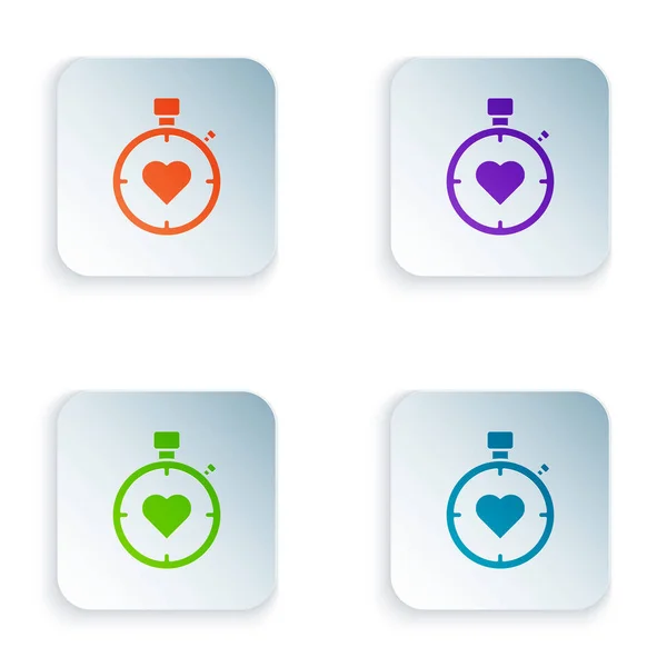 Color Heart in the center stopwatch icon isolated on white background. Valentines day. Set icons in square buttons. Vector Illustration — 스톡 벡터