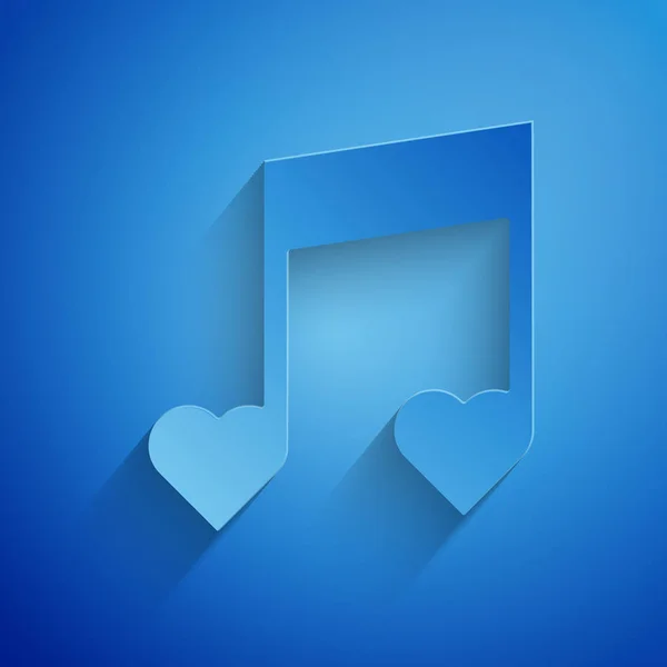 Paper cut Music note, tone with hearts icon isolated on blue background. Valentines day. Paper art style. Vector Illustration — 스톡 벡터