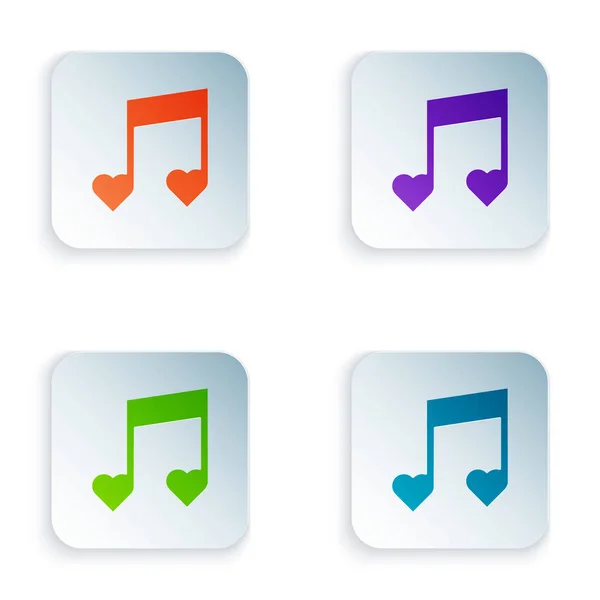 Color Music note, tone with hearts icon isolated on white background. Valentines day. Set icons in square buttons. Vector Illustration — 스톡 벡터