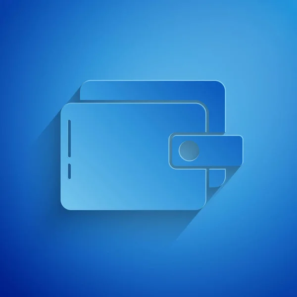 Papiergeschnittenes Portemonnaie-Symbol auf blauem Hintergrund. Portemonnaie. Bargeldsparsymbol. Papierkunst. Vektorillustration — Stockvektor