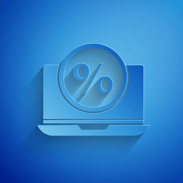 紙カット青の背景に隔離されたパーセント記号割引やノートパソコンのアイコン。販売率-価格ラベル、タグ。紙のアートスタイル。ベクターイラスト — ストックベクタ