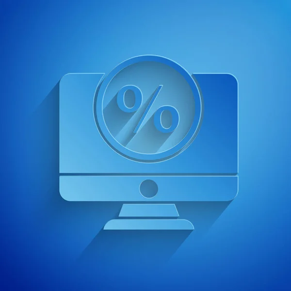 Corte de papel por cento símbolo de desconto e ícone monitor isolado no fundo azul. Percentagem de venda - etiqueta de preço, tag. Estilo de arte de papel. Ilustração vetorial — Vetor de Stock
