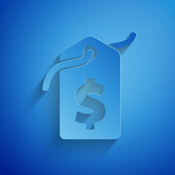 Corte de papel Preço tag com ícone de dólar isolado no fundo azul. Distintivo por preço. Venda com símbolo de dólar. Desconto de marca promocional. Estilo de arte de papel. Ilustração vetorial — Vetor de Stock