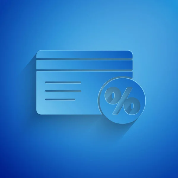 Paper cut Discount card with percent icon isolated on blue background. Loyalty points card. Paper art style. Vector Illustration — 스톡 벡터