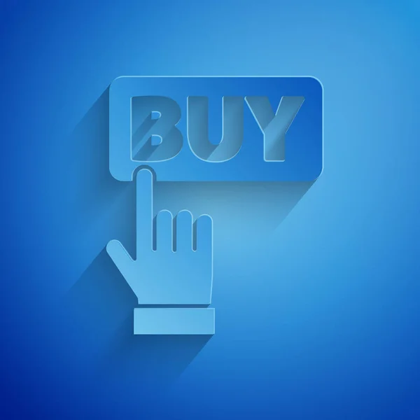 Иконка кнопки "Купить" на синем фоне. Бумажный стиль. Векторная миграция — стоковый вектор