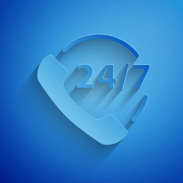Papier gesneden Telefoon 24 uur support pictogram geïsoleerd op blauwe achtergrond. De hele dag customer support call-center. Full-time oproepdiensten. Papierkunst stijl. Vector Illustratie — Stockvector