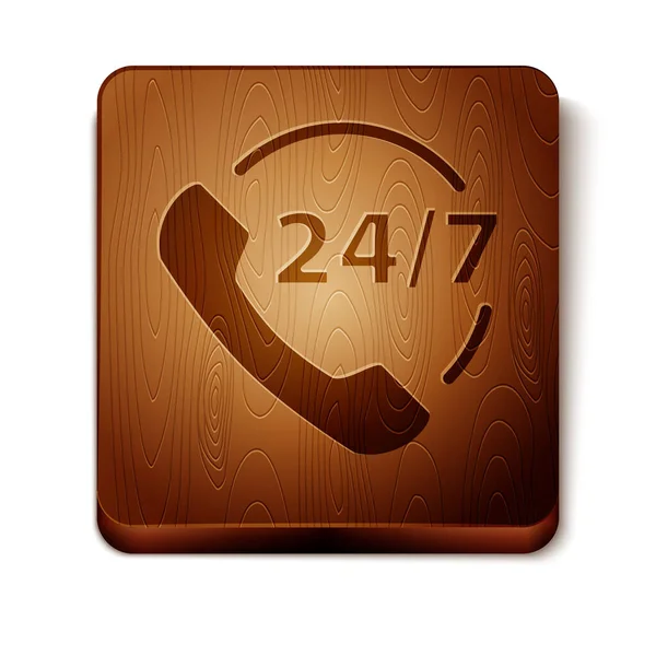 Brown Telefon 24 godziny wsparcia ikony izolowane na białym tle. Całodniowy call-center obsługi klienta. Pełny etat. Drewniany kwadratowy przycisk. Ilustracja wektora — Wektor stockowy