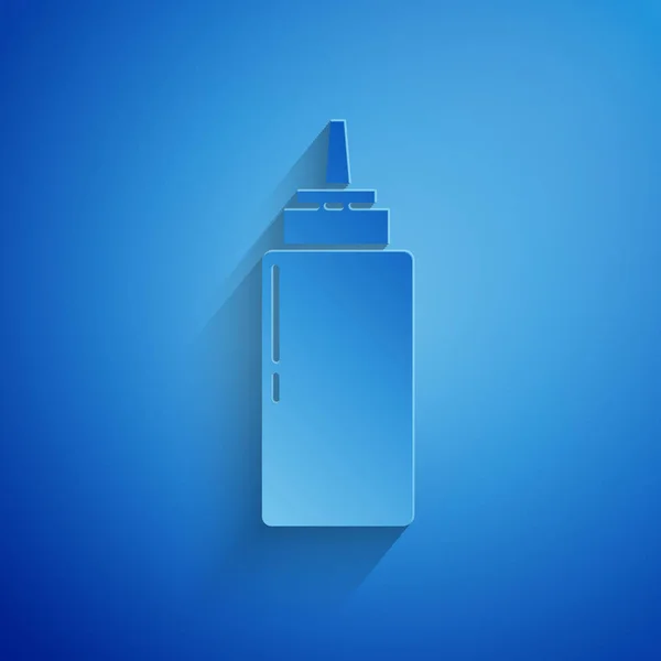 Paper cut Sauce bottle icon isolated on blue background. Ketchup, mustard and mayonnaise bottles with sauce for fast food. Paper art style. Vector Illustration — Stock Vector