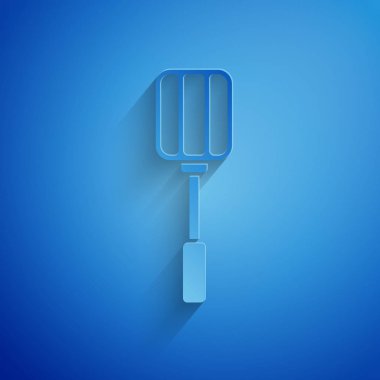 Kağıt kesiği Spatula simgesi mavi arkaplanda izole edildi. Mutfak spatula ikonu. Bbq spatula işareti. Barbekü ve ızgara aleti. Kağıt sanatı tarzı. Vektör İllüstrasyonu