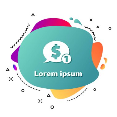 Beyaz arka planda dolar simgesi olan beyaz konuşma balonu. Rozet fiyatına. Dolar sembollü indirim. Reklam etiketi indirimi. Sıvı şekilli soyut pankart. Vektör İllüstrasyonu