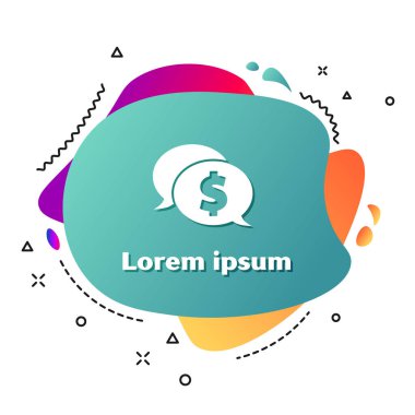 Beyaz arka planda dolar simgesi olan beyaz konuşma balonu. Rozet fiyatına. Dolar sembollü indirim. Reklam etiketi indirimi. Sıvı şekilli soyut pankart. Vektör İllüstrasyonu