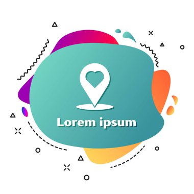 Beyaz harita işaretçisi beyaz arka planda izole kalp simgesi. Sevgililer günü. Aşk yeri. Romantik harita pin. Sıvı şekiller ile soyut afiş. Vektör Illustration