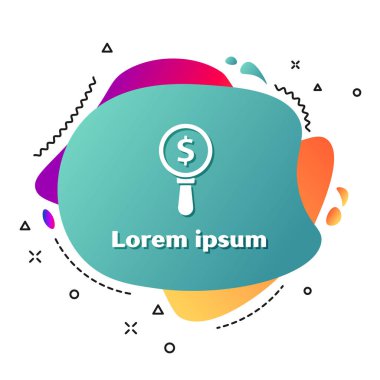 Beyaz büyüteç cam ve dolar sembol simgesi beyaz arka planda izole. Para bul. Para arıyorum. Sıvı şekiller ile soyut afiş. Vektör Illustration