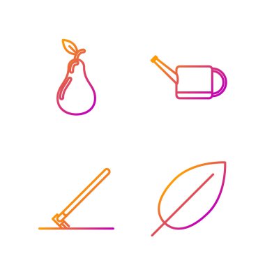 Set hattı Yaprak, Bahçe Tırmığı, Armut ve Su Kutusu. Renk simgeleri. Vektör