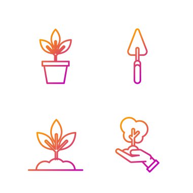 Çevre koruma, saksı, saksı ve bahçe küreği ya da küreğe çiçek koymak için Ağaç hattını hazırlayın. Renk simgeleri. Vektör