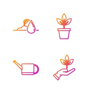 Çevresel koruma, sulama konservesi, filizlenme ve saksıdaki çiçekleri sıraya dizin. Renk simgeleri. Vektör