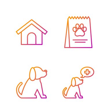 Veterinerlik kliniği sembolü, Köpek, Köpek Evi ve Köpek için Yiyecek Çantası. Renk simgeleri. Vektör