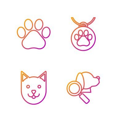 Veterinerlik kliniği sembolü Cat, Paw izi ve yakalı yaka kartı. Renk simgeleri. Vektör