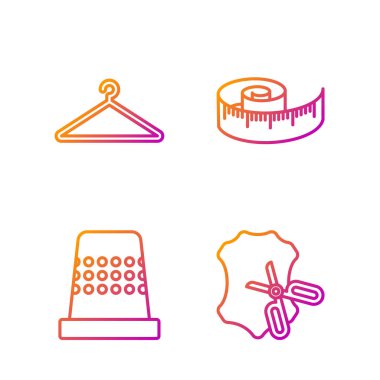 Çizgi makas ve deri, dikiş için yüksük, elbise dolabı ve bant ölçüsü. Renk simgeleri. Vektör