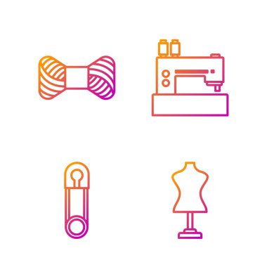 Çizgi mankeni, klasik kapalı çelik güvenlik iğnesi, dikiş makinesine dikiş ipliği. Renk simgeleri. Vektör