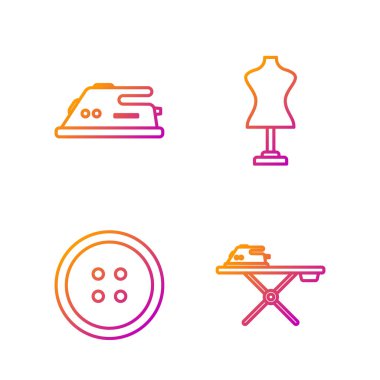 Elektrikli ütü ve ütü masası, giysi için dikiş düğmesi, elektrikli ütü ve manken ayarlayın. Renk simgeleri. Vektör